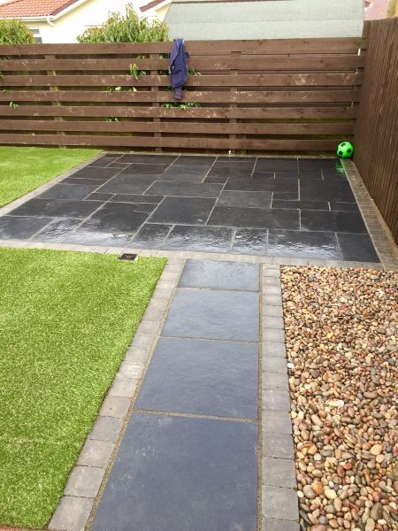 Limestone Patio, Artificial Lawn and Composite Decking